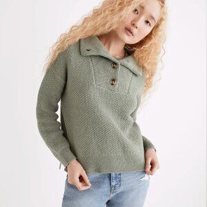 Madewell Canby Button Mock Neck Sage Green Chunky Waffle Knit Sweater Size XL